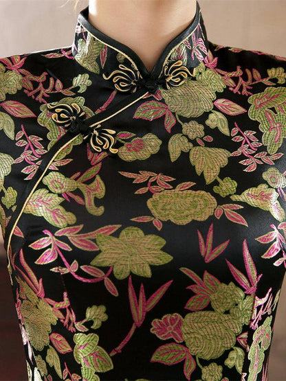 Black Floral Print Split-side Long Cheongsam Dress