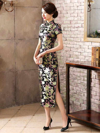 Black Floral Print Split-side Long Cheongsam Dress