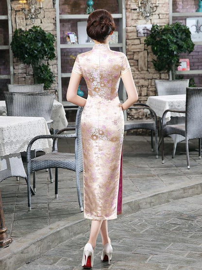 Golden Floral Print Split-side Long Cheongsam Dress