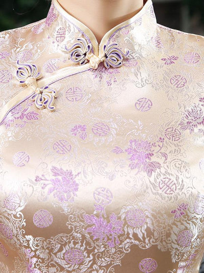 Golden Floral Print Split-side Long Cheongsam Dress