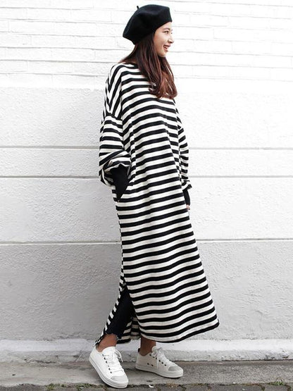 Loose Split-side Striped Blouse Skirt