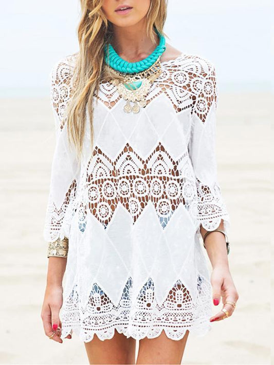 White Hollow Crochetgo Bikini Cover-Ups