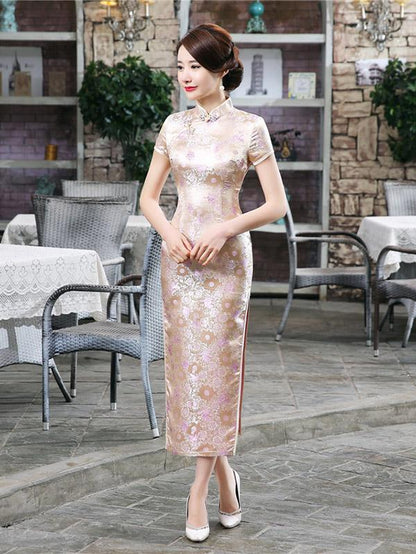 Golden Floral Print Split-side Long Cheongsam Dress