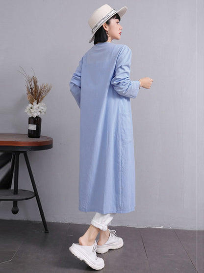 Simple Ramie Cotton Solid Color Long Sleeves Long Outerwear