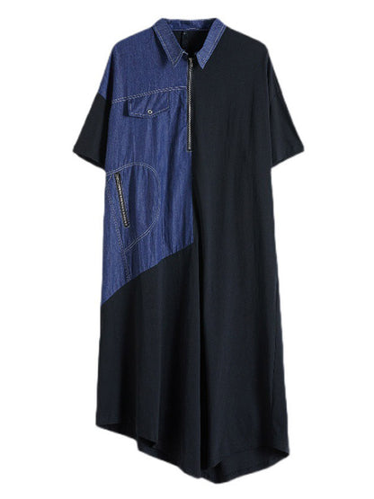 Casual Irregular Split-Joint Half Sleeves Lapel Collar Midi Shirt Dress