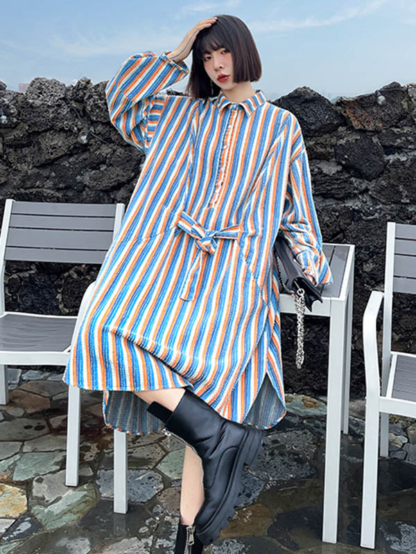 Original Stylish Striped Contrast Color Tied Buttoned Split-Side Lapel Collar Long Sleeves Midi Shirt Dress