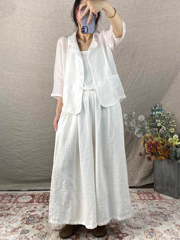 Artistic Retro Ramie Cotton Solid Color Split-Joint With Pocket Buttoned Notched Collar Long Sleeves Blazer Outwear