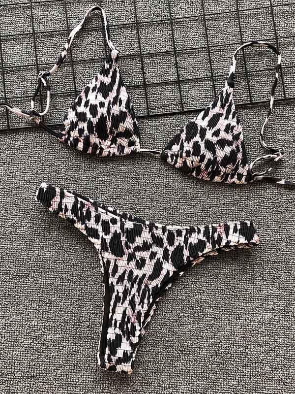 Leopard Smocked Lace Up Bikini Swimsuit