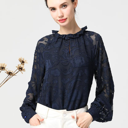 Chiffon Long Sleeve Round Neck Plus Size Shirt