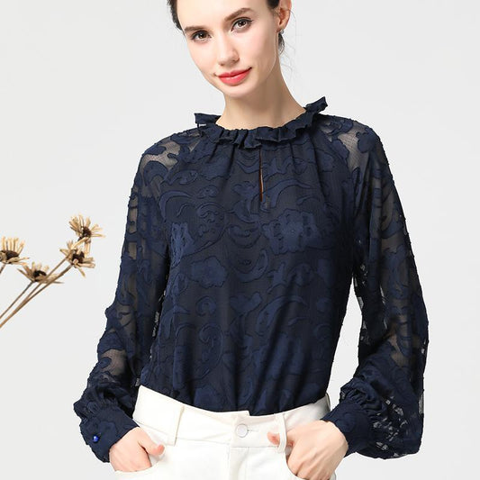 Chiffon Long Sleeve Round Neck Plus Size Shirt