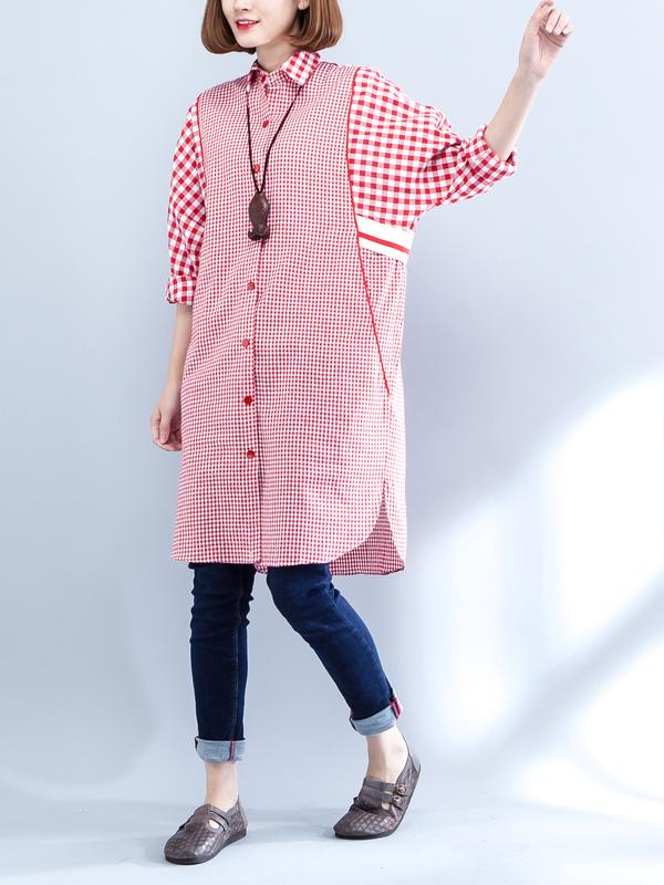 Literary Plaid Split-joint Long Dress
