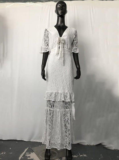 Lace Split-joint Bandage Maxi Dress