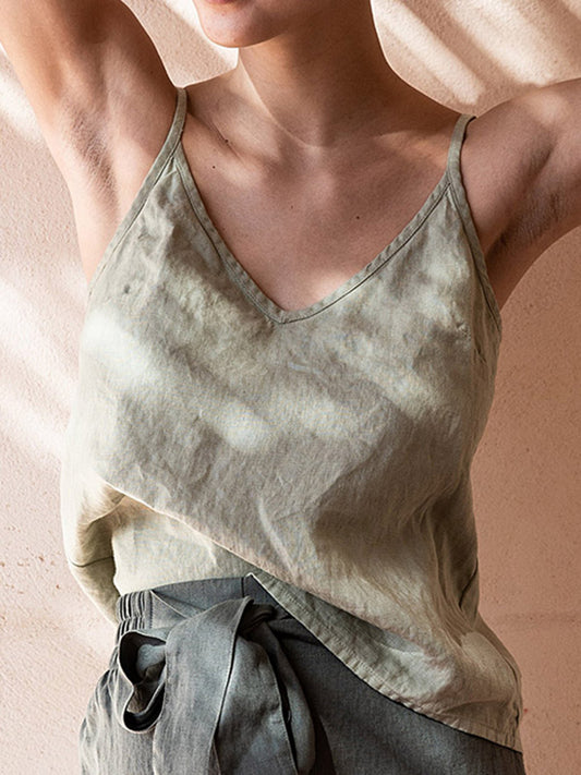 Vintage Ramie Cotton Spaghetti-Neck V-Neck Mini Dress