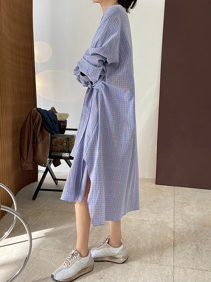 Urban Asymmetric Plaid Round-Neck Batwing Sleeve Shirt Dress