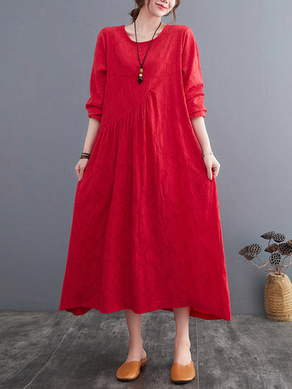 Casual Simple Solid Color Pleated Round-Neck Long Sleeves Midi Dress