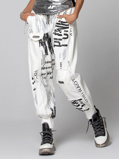 Urban Drawstring High-Waisted Black White Casual Harem Pants Bottom