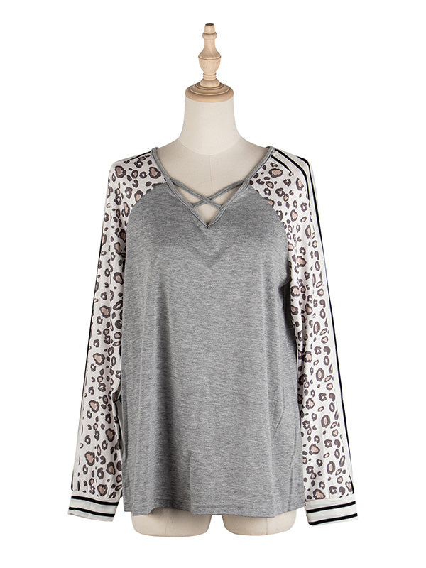 Stylish V-Neck Leopard Striped Split-Joint Raglan Sleeve T-Shirts