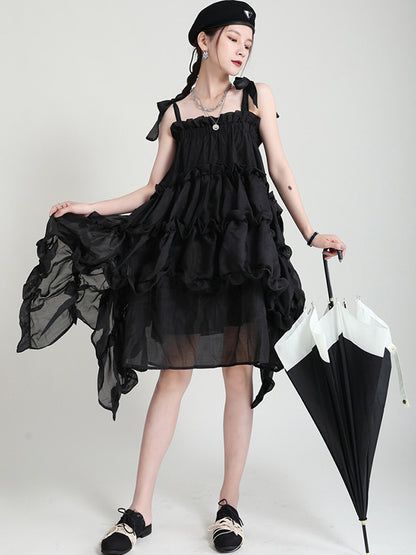 Stylish Cropped Pleated Split-Joint Bandage Spaghetti-Neck Midi Dress