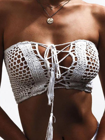Off-the-shoulder Tasseled Crochet Bikini Swimsuit