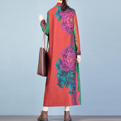 Buykud Fashion Turtleneck Floral Printed Warm Dress