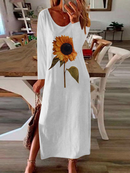Casual Solid Color Sunflower Printed Split-Side Long Sleeves Midi Dress