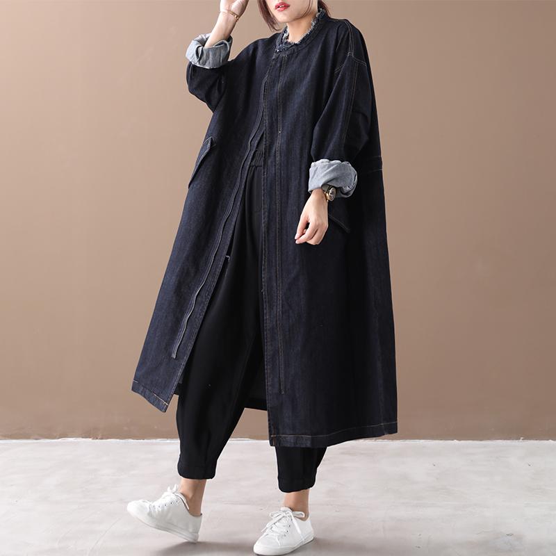 Buykud Spring Autumn Casual Solid Color Zipper Denim Coat