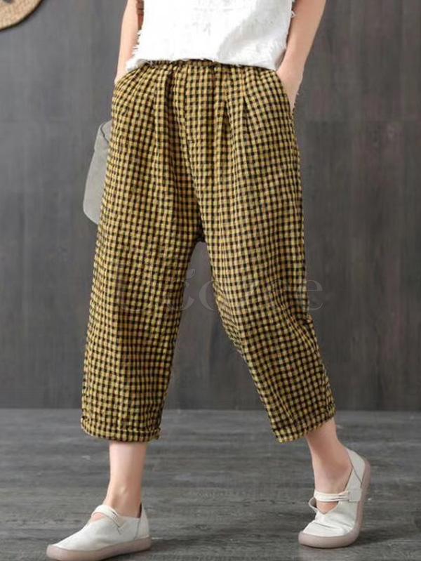 Vintage Ramie Cotton Plaid Capri Harem Pants