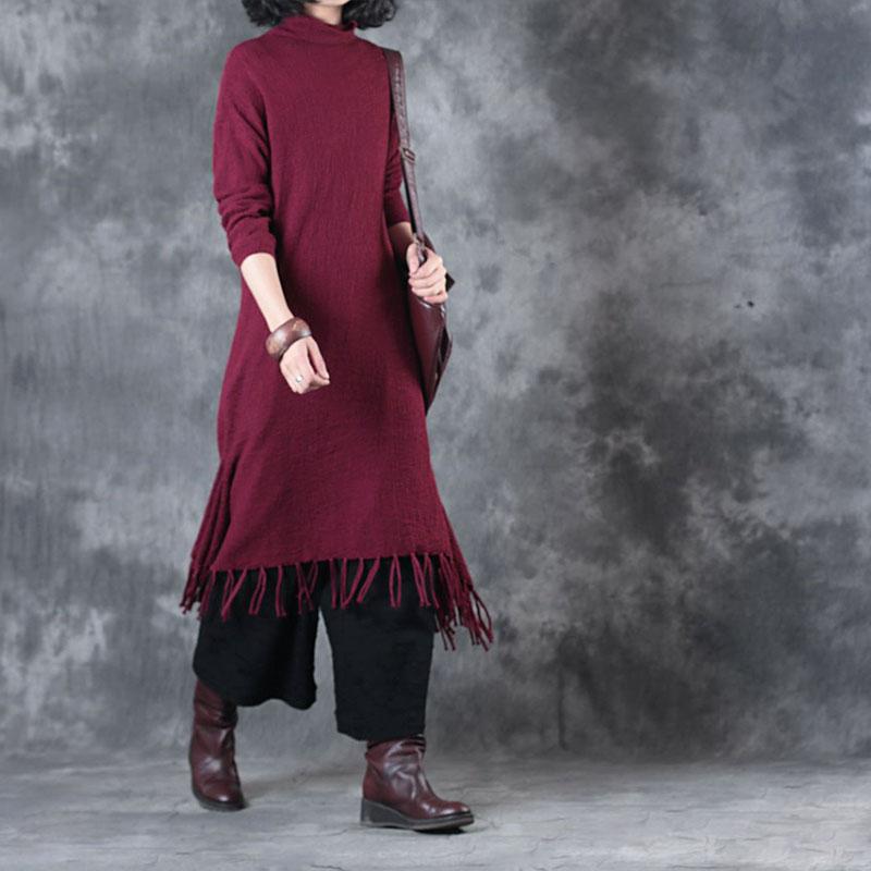 Autumn Winter Tassel Fitting Wine Red Dress For Women