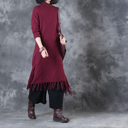 Autumn Winter Tassel Fitting Wine Red Dress For Women