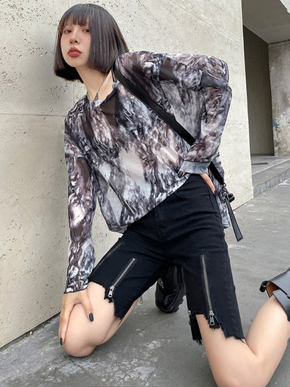 Hip-Hop Stylish Black Irregular Clipping Fringed Zipper Wrap Denim Shorts