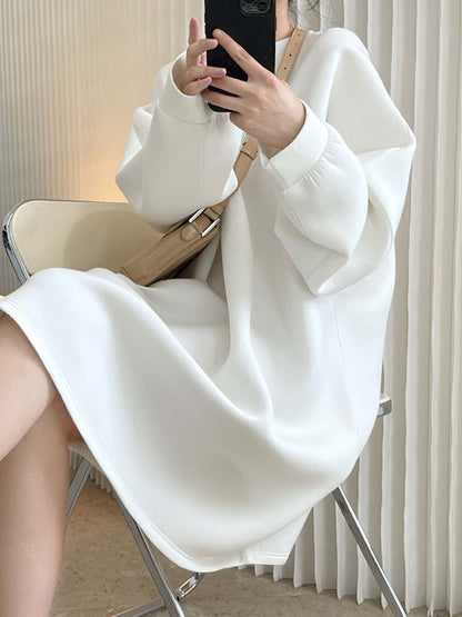 Simple Loose Solid Color Split-Joint Round-Neck Long Sleeves Midi Dress
