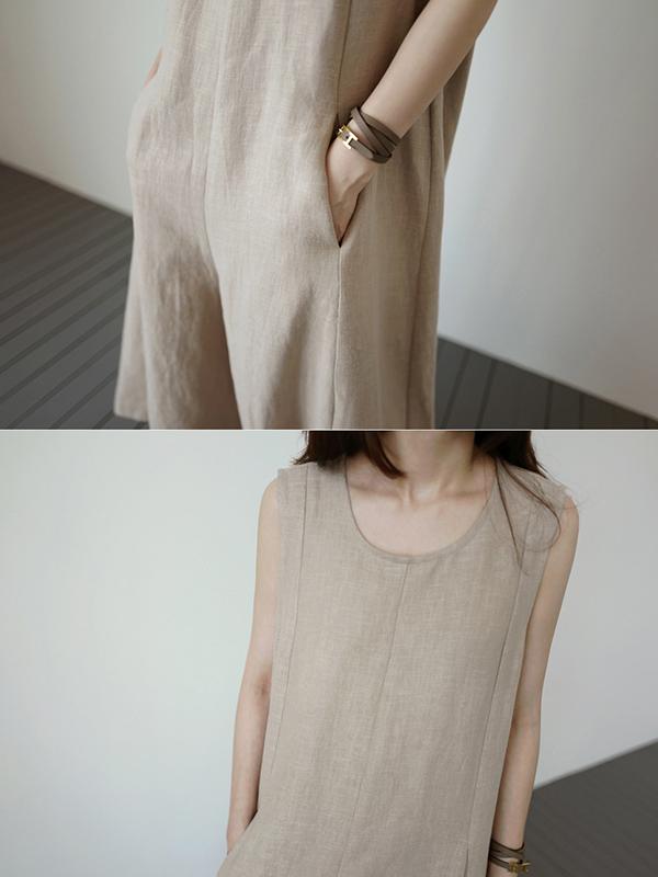 Light Khaki Loose Sleeveless Round-neck Wide Leg Jumpsuits