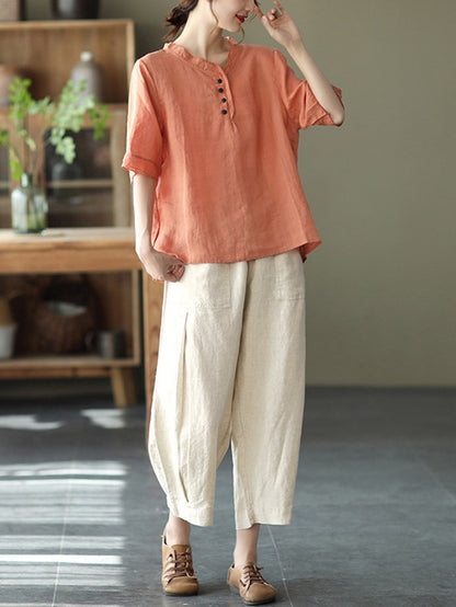 Original Linen Solid Color Half Sleeve T-Shirts Tops