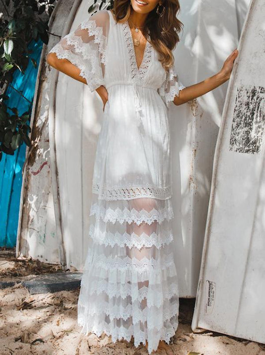 Hollow Split-joint V-neck Maxi Dress