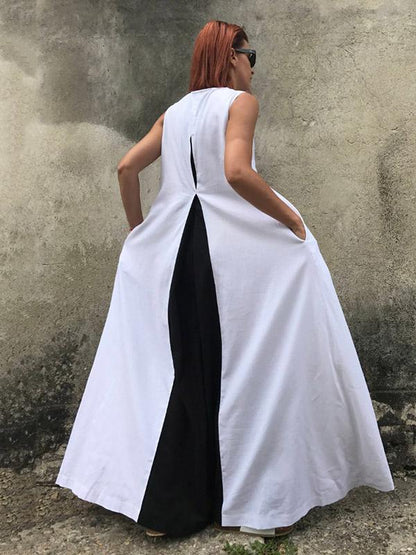 White&Black Split-joint Sleeveless Linen Long Dress