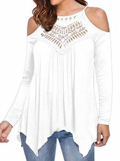 Lace Patchwork off-the-shoulder Long-sleeved Casual T-shirt