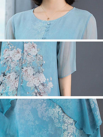 Silk Printed Round-neck Short Dress
