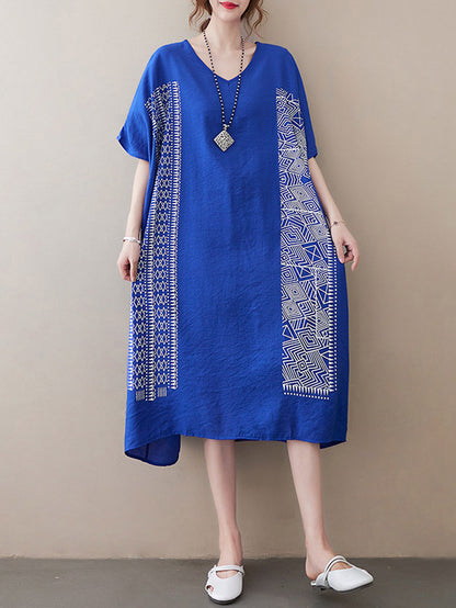 National Printed Batwing Sleeves Round-Neck Loose Midi Dress