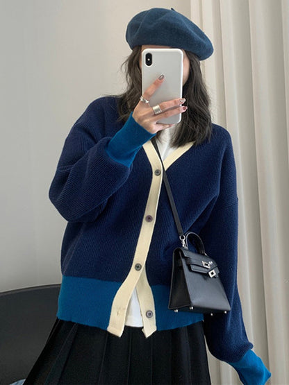 Causal Contrast Color Buttoned V-Neck Long Sleeves Cardigan Outwear