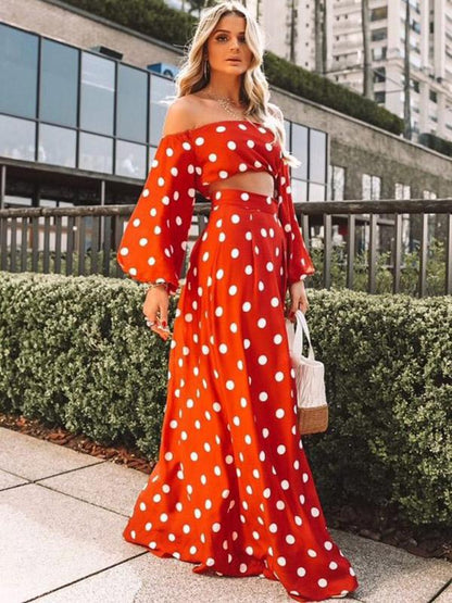 Polka-dot Puff Sleeves Blouses&Skirt Suits