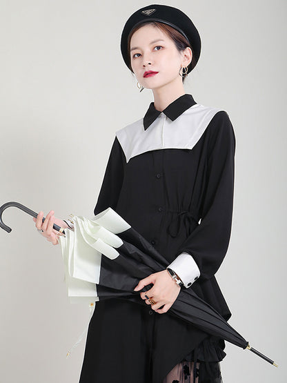 Original Irregular Split-Joint Buttoned Tied Lapel Collar Long Sleeves Midi Dress