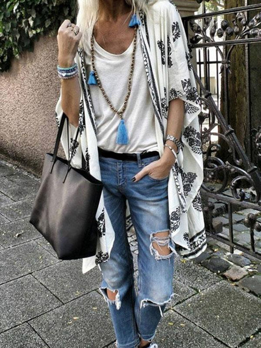 Casual 5 Colors Printed Batwing Sleeves Cover-up