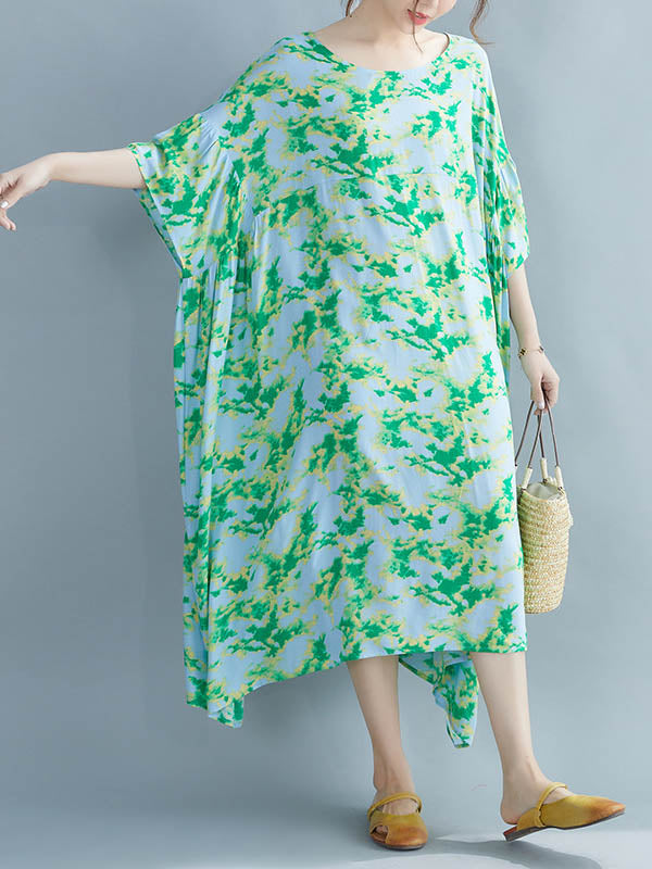 Stylish Printed Round-Neck Batwing Sleeve Midi Dress