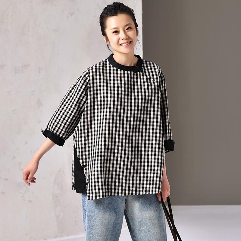 Buykud Retro Plaid Spliced Comfortable Pullover Blouse