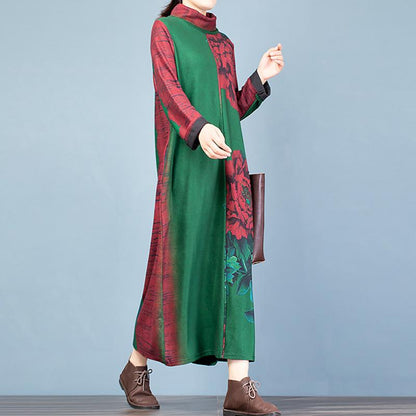 Buykud Fashion Turtleneck Floral Printed Warm Dress