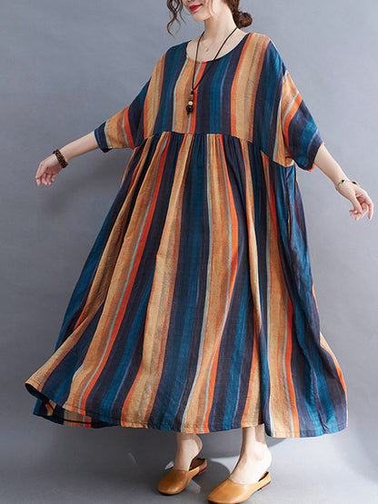 Colorful Stripe Split-Joint Round-Neck Long Dress