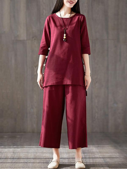 Solid Short Sleeves Shirt + Straight Leg Pants
