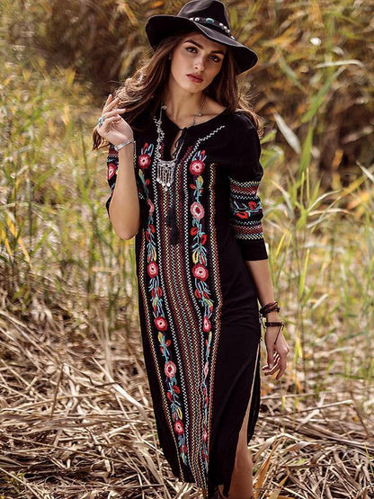 Bohemia Embroidery V-Neck Long Sleeve Side Split Maxi Beach Dress