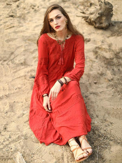 Bohemia Inwrought Long Sleeve V Neck Beach Long Dress