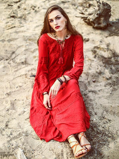 Bohemia Inwrought Long Sleeve V Neck Beach Long Dress